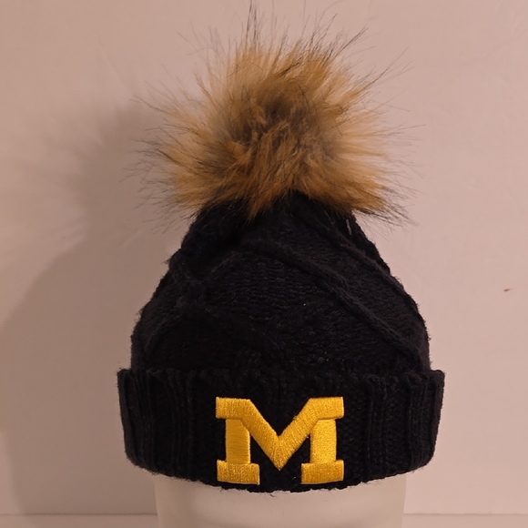 NCAA Michigan Wolverines Knit Beanie with Fur Pom - Maize & Blue - OS - Picture 5 of 10
